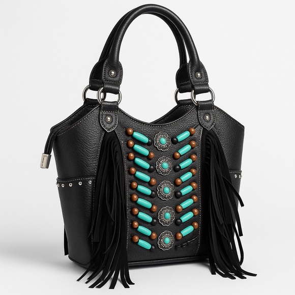 Montana West Fringe Beaded Tote Bag Western Boho Faux Leather Black - Picture 2 of 2